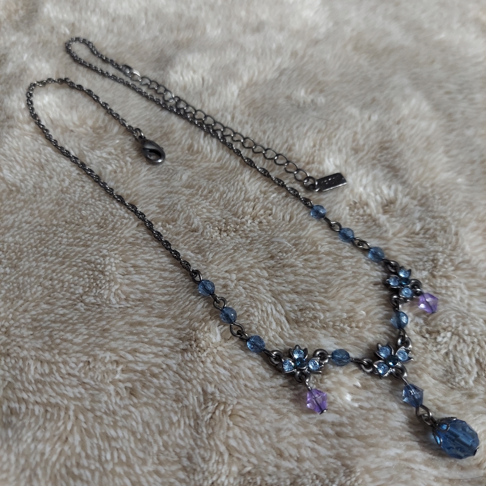 '1928' Textured Gun Metal Black/Faceted Blue & Purple Crystal Floret Necklace